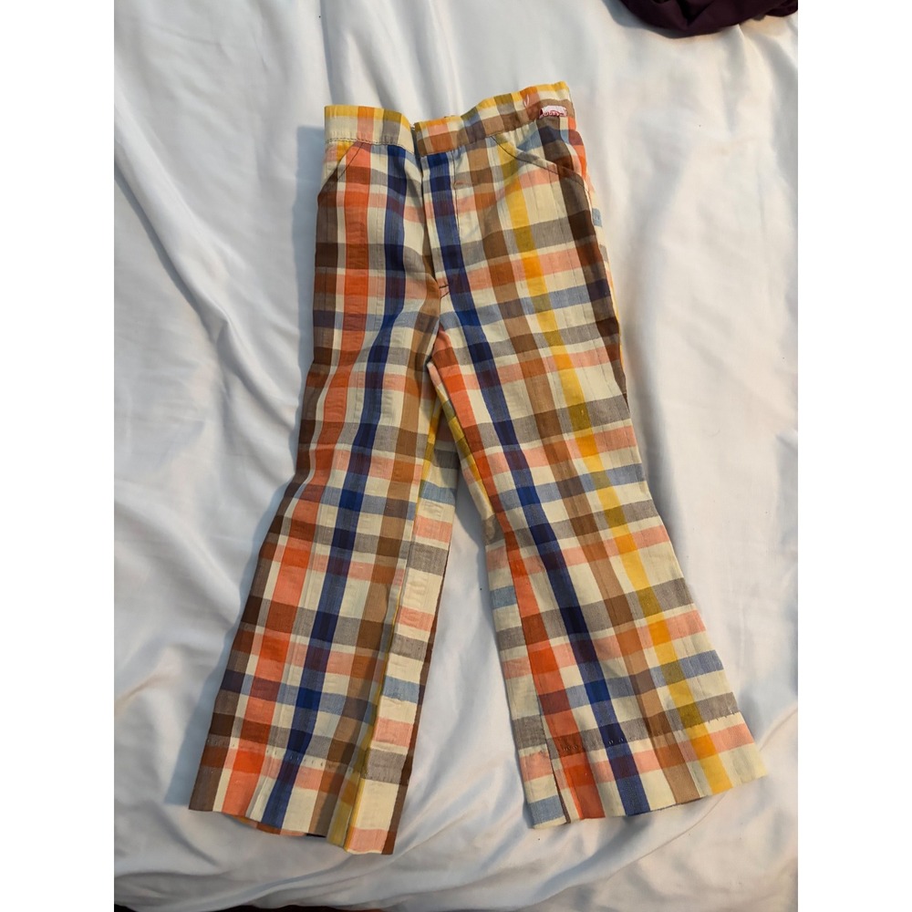 Leggs Trousers Vintage 70s Plaid Bell Bottom‎ Multicolor Flare Pants Kids 10/12